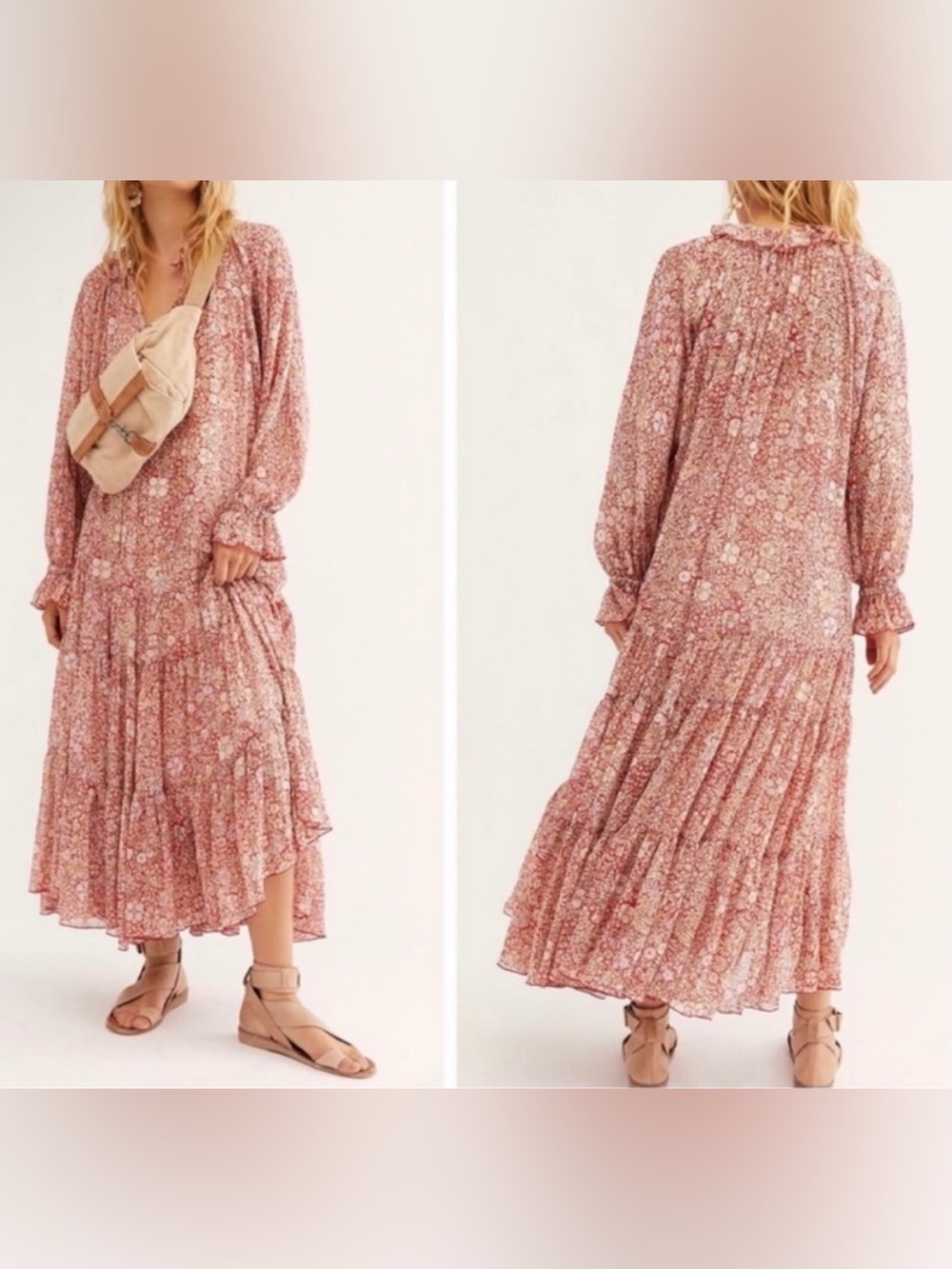 Free People Red and Cream Floral Printed Tiered Long Sleeve Maxi Dress - Size S